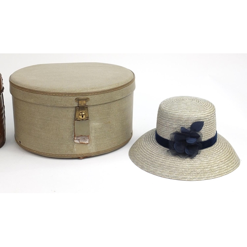 156 - Victorian tin hat box, retro hat box and hats