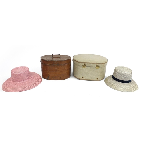 156 - Victorian tin hat box, retro hat box and hats