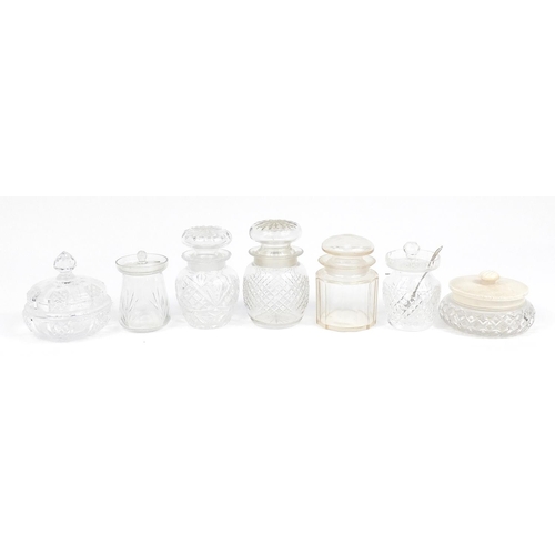 151 - Assorted cut glass jam pots covers, trinket pots with covers, the largest 15cm high