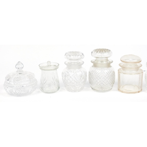 151 - Assorted cut glass jam pots covers, trinket pots with covers, the largest 15cm high