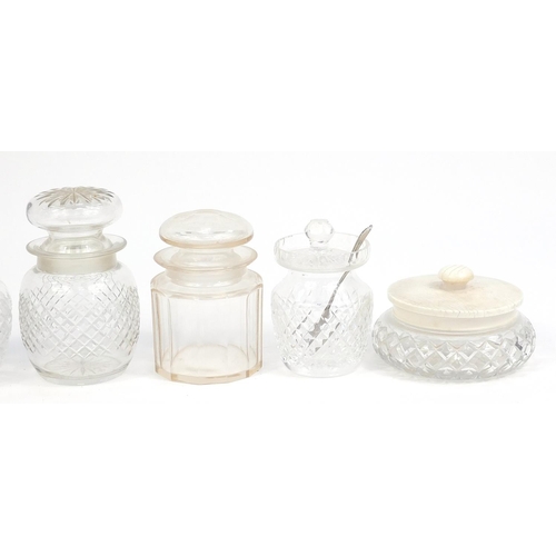 151 - Assorted cut glass jam pots covers, trinket pots with covers, the largest 15cm high