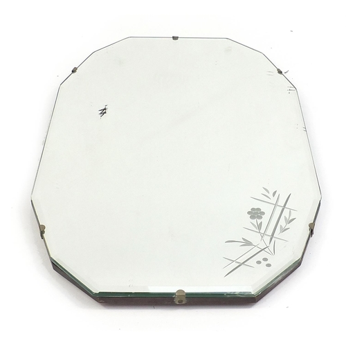 71 - Shaped vintage bevelled glass mirror with etched floral design to one corner, 53cm x 33cm