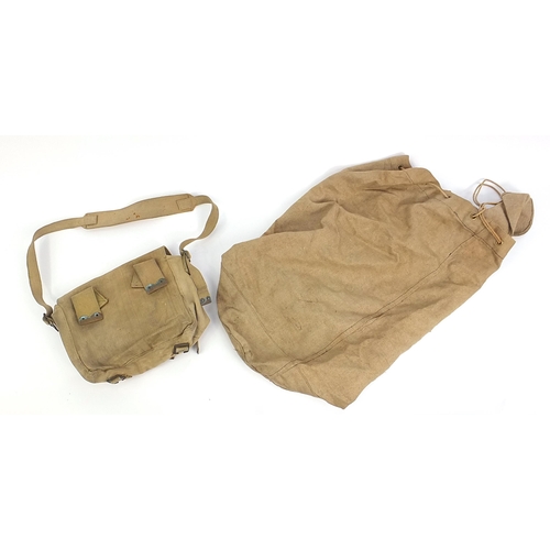 54 - World War II military canvas satchel J C A H 1942 together with a canvas kitbag, 72cm in length