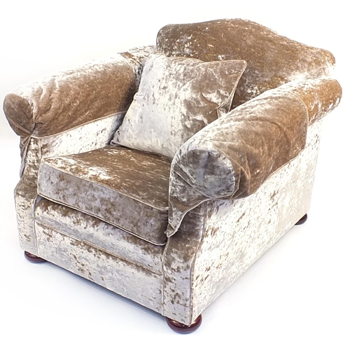 108 - Deep plush velour armchair, 86cm H x 96cm W x 96cm D, the seat 48cm H x 56cm W x 66cm D