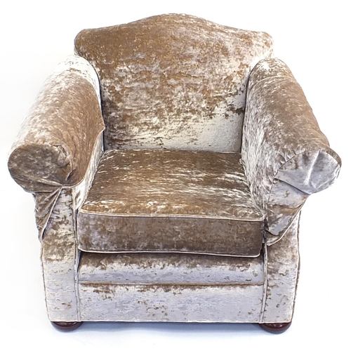 108 - Deep plush velour armchair, 86cm H x 96cm W x 96cm D, the seat 48cm H x 56cm W x 66cm D