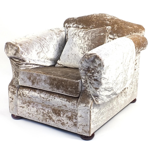 109 - Deep plush velour armchair, 86cm H x 96cm W x 96cm D, the seat 48cm H x 56cm W x 66cm D