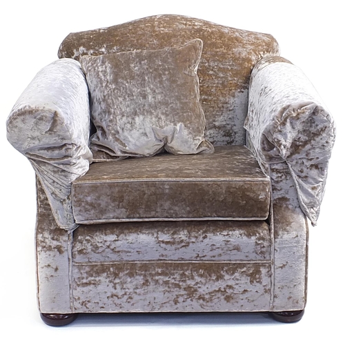 109 - Deep plush velour armchair, 86cm H x 96cm W x 96cm D, the seat 48cm H x 56cm W x 66cm D