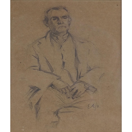 259 - Seated gentleman wearing a suit, pencil drawing, monogrammed E G, mounted, framed and glazed, 23.5cm... 