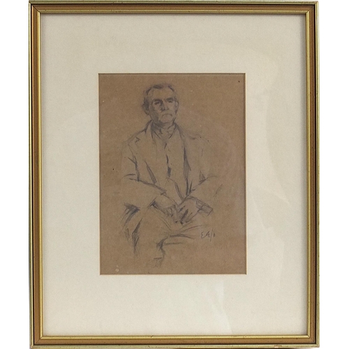 259 - Seated gentleman wearing a suit, pencil drawing, monogrammed E G, mounted, framed and glazed, 23.5cm... 