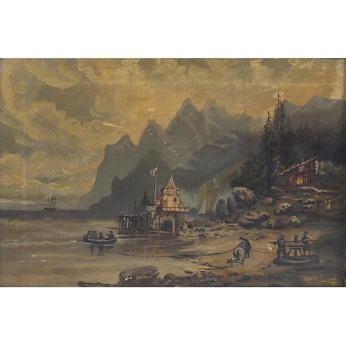 258 - 19th century oil onto canvas continental fisherman with a jetty and mountains, framed, 50cm x 35cm e... 