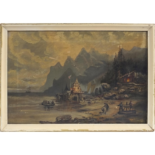 258 - 19th century oil onto canvas continental fisherman with a jetty and mountains, framed, 50cm x 35cm e... 