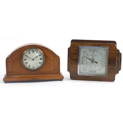 34 - Edwardian inlaid mahogany mantle clock and oak barometer, the clock 15cm high