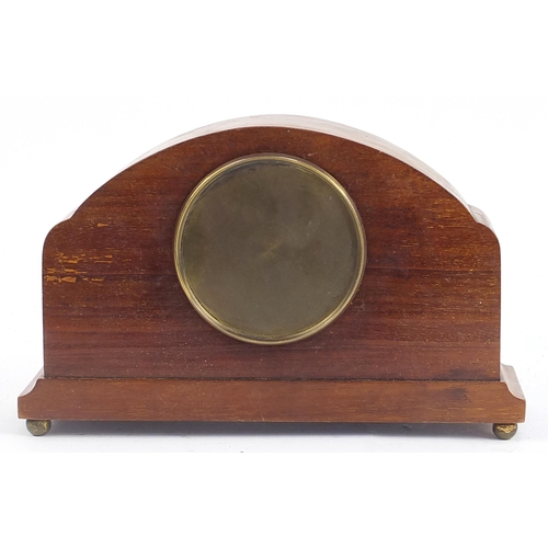 34 - Edwardian inlaid mahogany mantle clock and oak barometer, the clock 15cm high