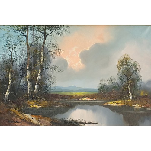 280 - E Wobeck - Atmospheric pond scene at sunset, large oil on canvas, framed, 90cm x 60cm excluding the ... 