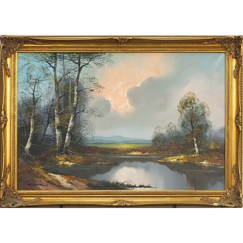 280 - E Wobeck - Atmospheric pond scene at sunset, large oil on canvas, framed, 90cm x 60cm excluding the ... 