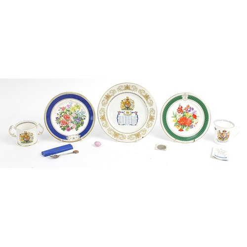 198 - Commemorative ceramics including Aynsley Kings & Queens of England twin handled mug, plate and boxed... 