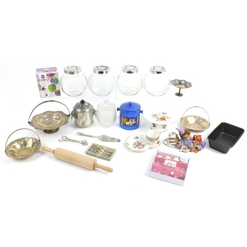 265 - Cake baking related teaware including cookie jars, silver plated cake baskets, cut glass biscuit box... 