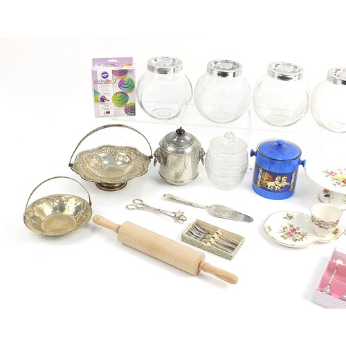 265 - Cake baking related teaware including cookie jars, silver plated cake baskets, cut glass biscuit box... 