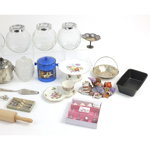 265 - Cake baking related teaware including cookie jars, silver plated cake baskets, cut glass biscuit box... 