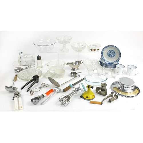 290 - Assorted kitchenalia including Salter scales, glass bowls, blue and white dishes, Philips Creamix, e... 