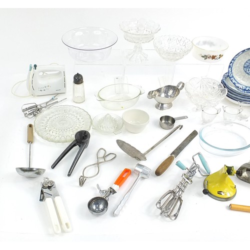 290 - Assorted kitchenalia including Salter scales, glass bowls, blue and white dishes, Philips Creamix, e... 