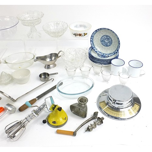 290 - Assorted kitchenalia including Salter scales, glass bowls, blue and white dishes, Philips Creamix, e... 