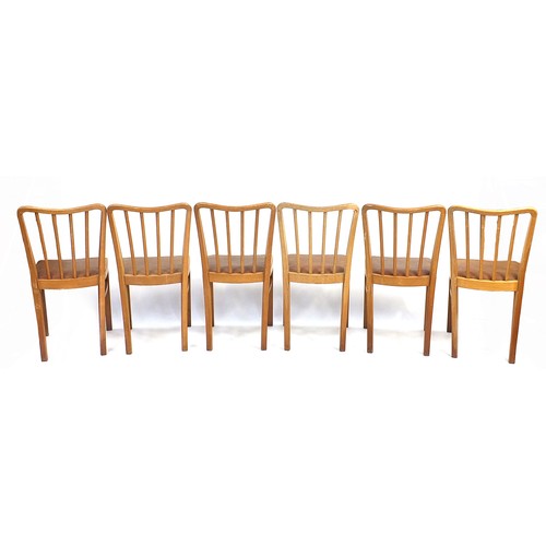 111 - Set of six lightwood stick back chairs, 83cm high