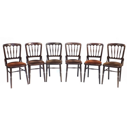 112 - Set of six stained wood stick back chairs with drop in seats, 87cm high