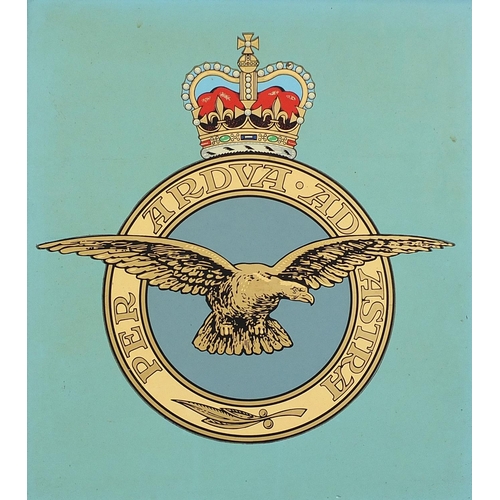 234 - Military interest hand painted RAF panel, framed, 35cm x 31cm excluding the frame