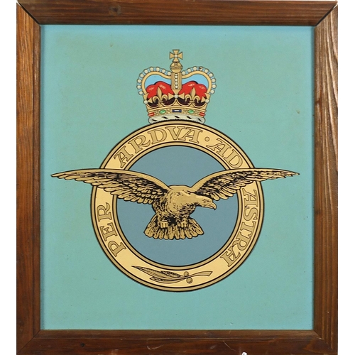 234 - Military interest hand painted RAF panel, framed, 35cm x 31cm excluding the frame