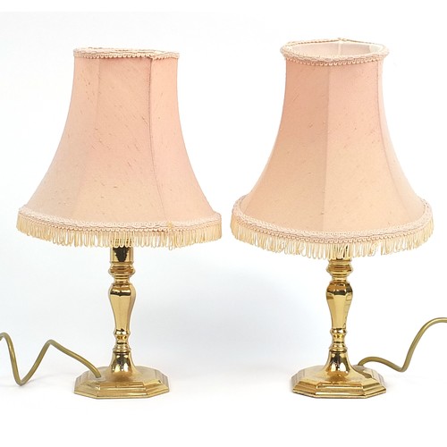 121 - Pair of brass table lamps with shades, 35cm high