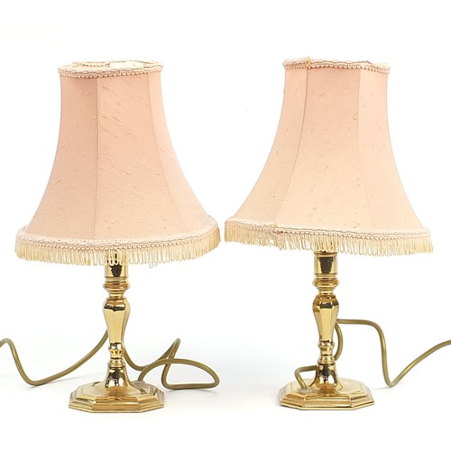 121 - Pair of brass table lamps with shades, 35cm high