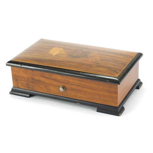 265 - Thorens Swiss music box housed in an inlaid wooden case, 8cm H x 22.5cm W x 13cm D