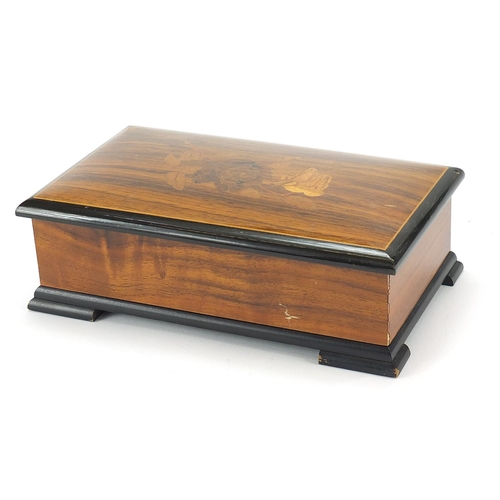 265 - Thorens Swiss music box housed in an inlaid wooden case, 8cm H x 22.5cm W x 13cm D