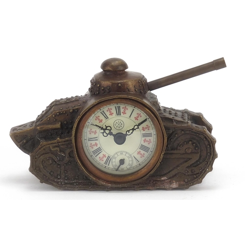 758 - Military interest patinated bronze clock in the form of a tank, 16cm in length