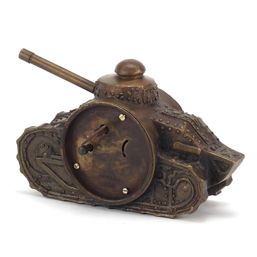 758 - Military interest patinated bronze clock in the form of a tank, 16cm in length