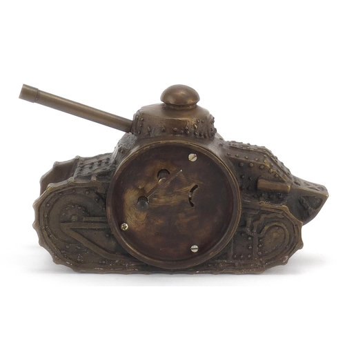 758 - Military interest patinated bronze clock in the form of a tank, 16cm in length