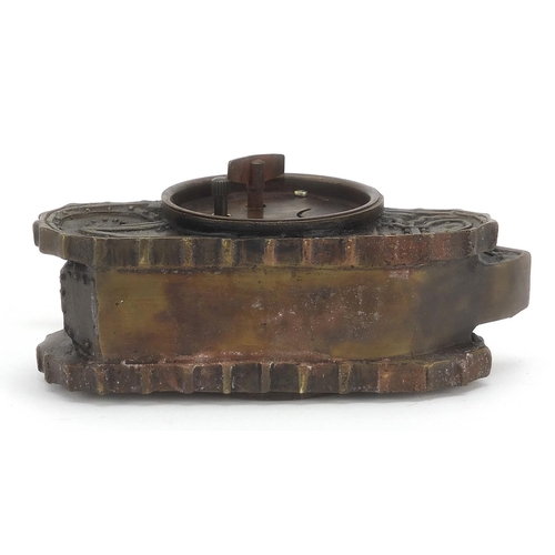 758 - Military interest patinated bronze clock in the form of a tank, 16cm in length