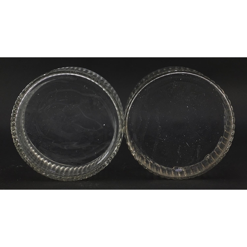 803 - Pair of circular cut glass boxes and covers, 21cm in diameter