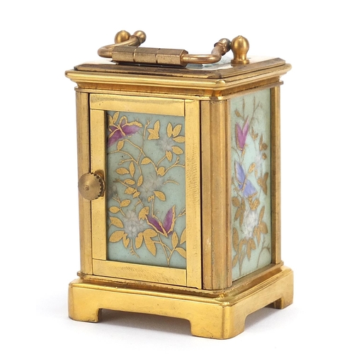 481 - Miniature brass cased carriage clock with Sevres style panels, 6cm high