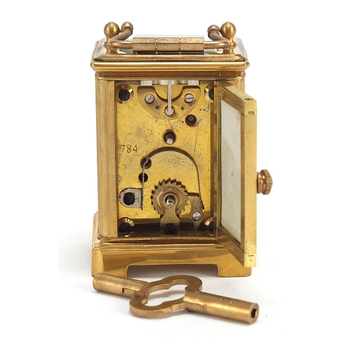 481 - Miniature brass cased carriage clock with Sevres style panels, 6cm high