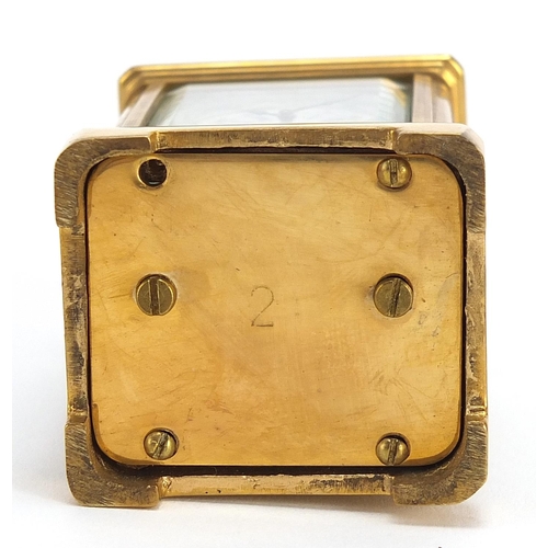 481 - Miniature brass cased carriage clock with Sevres style panels, 6cm high