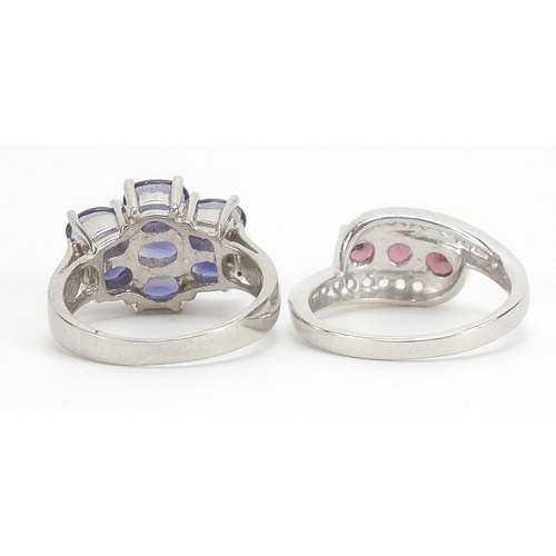 1279 - Two silver rings set with colourful stones, sizes O and P, 8.4g