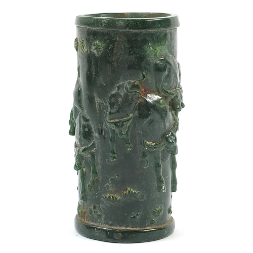 715 - Modern Chinese jade style brush pot decorated in relief with water buffaloes, 20cm high