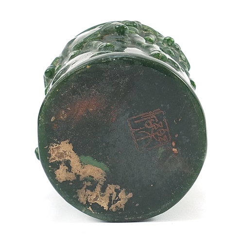 715 - Modern Chinese jade style brush pot decorated in relief with water buffaloes, 20cm high