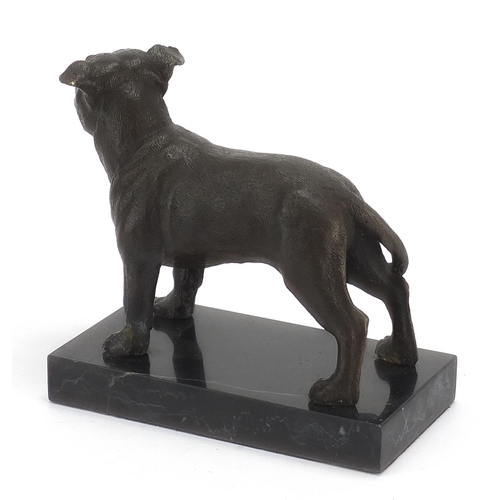 665 - Patinated bronze Pitbull Terrier raised on a black marbleised base, 16cm in length