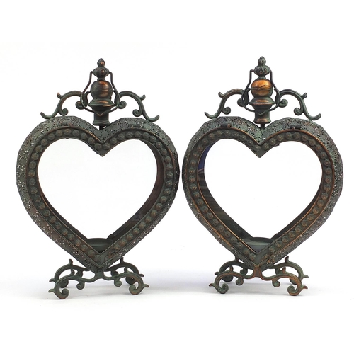 645 - Pair of ornate love heart design tealight holders with glass panels, 53cm high