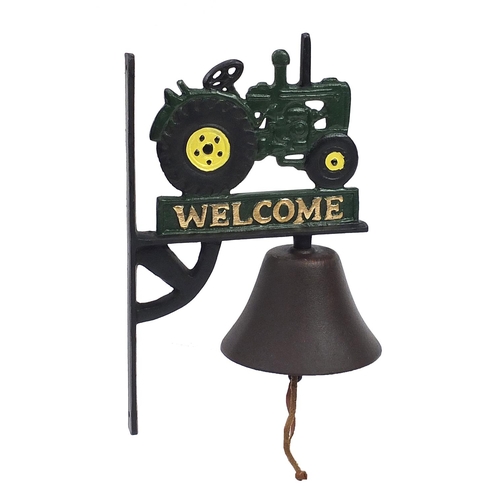 978 - Painted cast iron tractor design bell, 32cm high