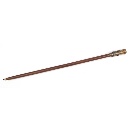 1110 - Hardwood walking stick with brass two draw telescope and compass handle, 100cm in length