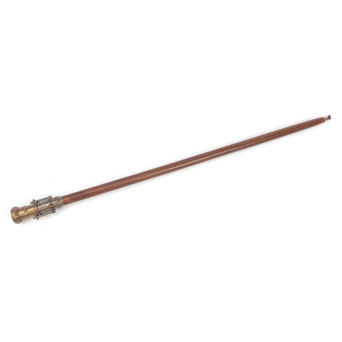 1110 - Hardwood walking stick with brass two draw telescope and compass handle, 100cm in length